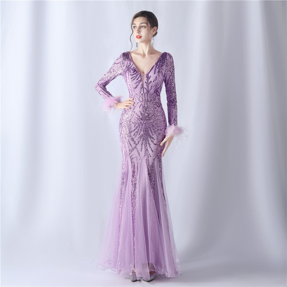 Women ostrich feather mesh sequin evening dress 21