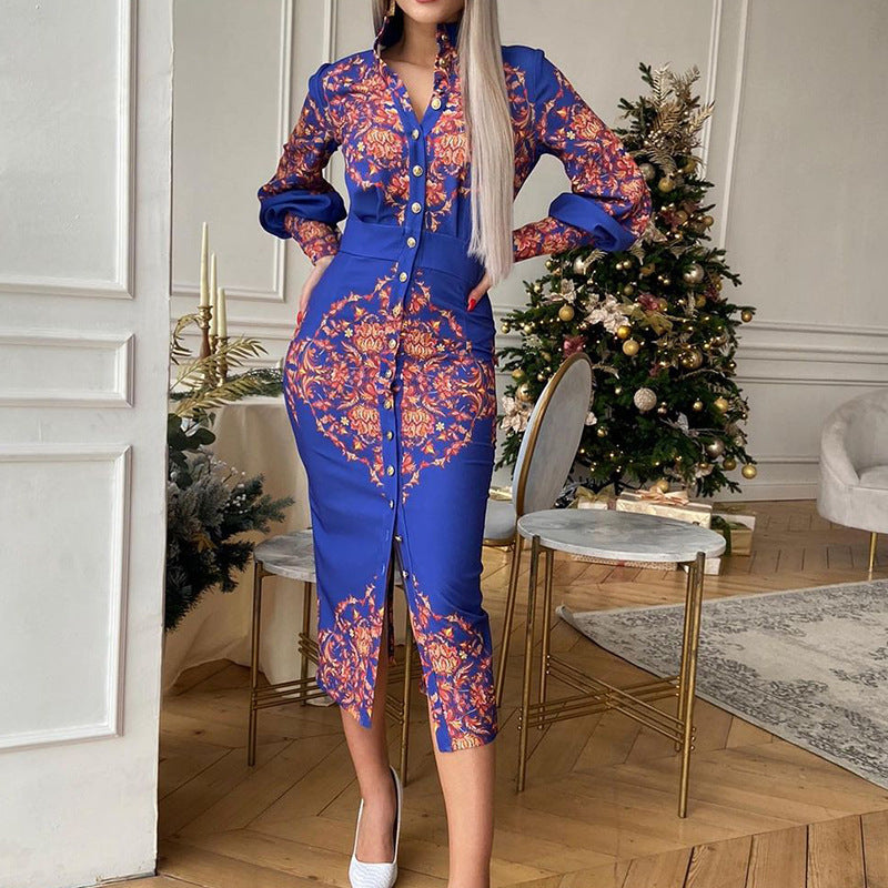 Women Stand Collar Long Sleeve Print Dress 7
