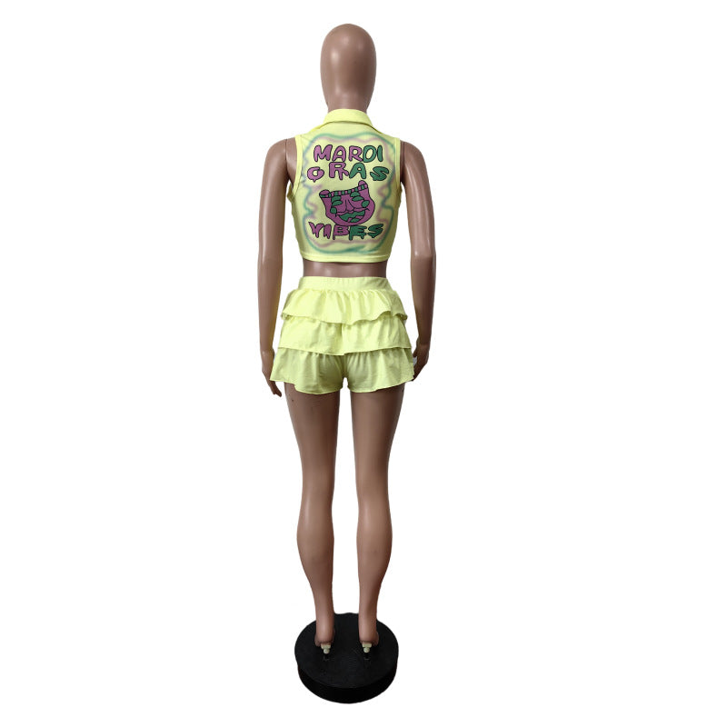 Printed Ruffle Elastic Waist Casual Shorts Set 7