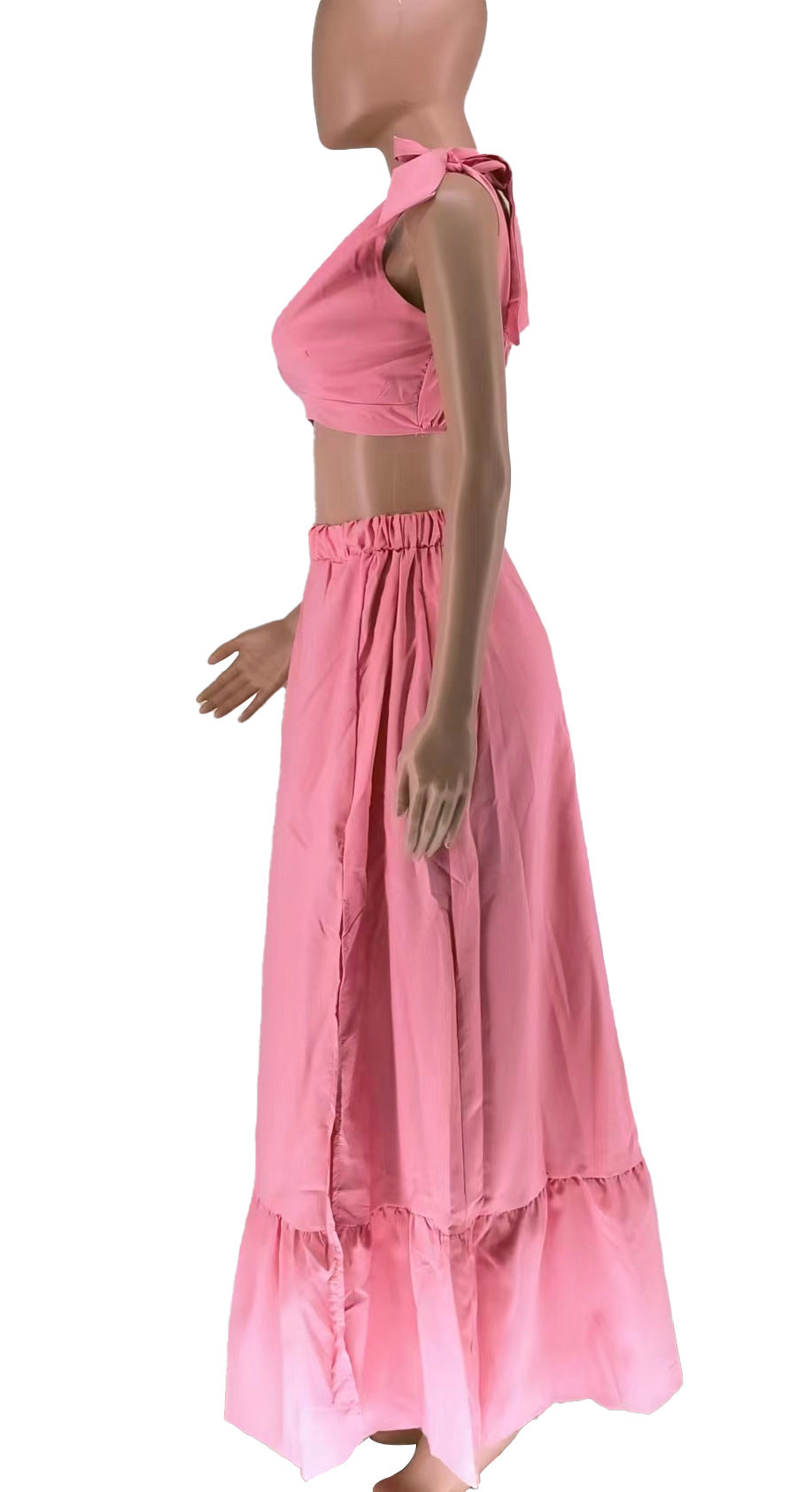 Women's Solid Color V-Neck Lace-Up Tank Top+Slit Long Skirt Two Piece Set 17