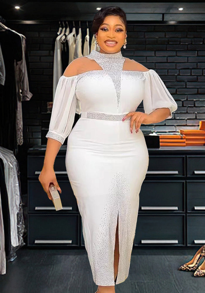 African Plus-Size Elegant Chic Beaded Patchwork Slit Bodycon Dress