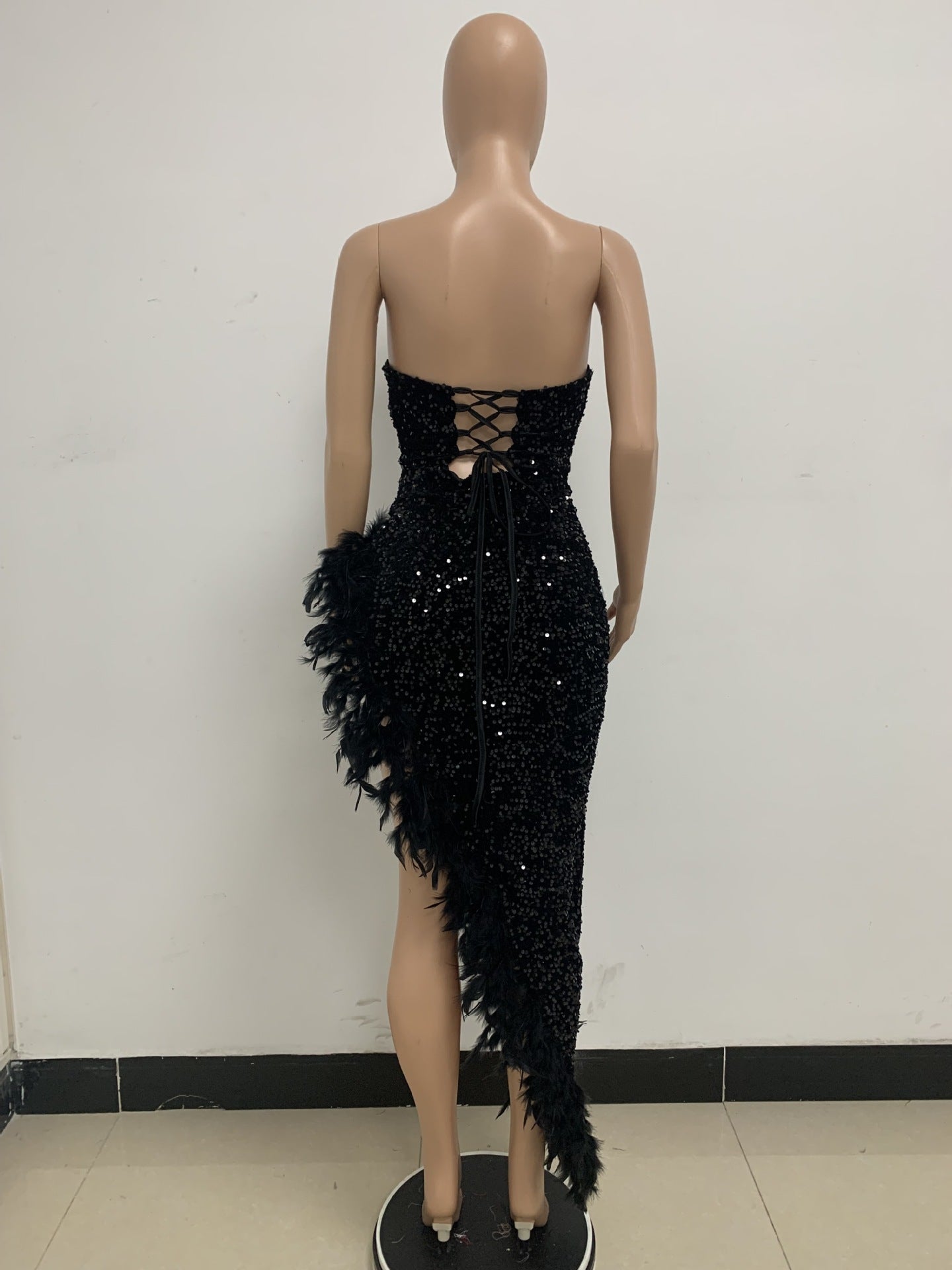 Women Sexy Off Shoulder Backless Sequin Feather Dress 56