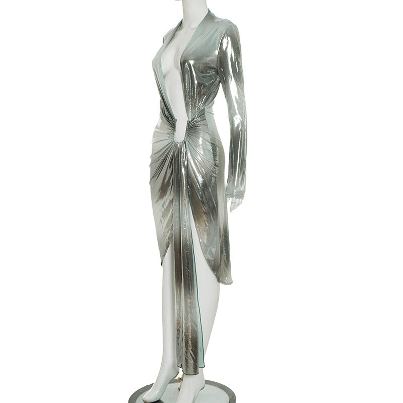 Women Glossy V-Neck Slit Ribbon Dress 7