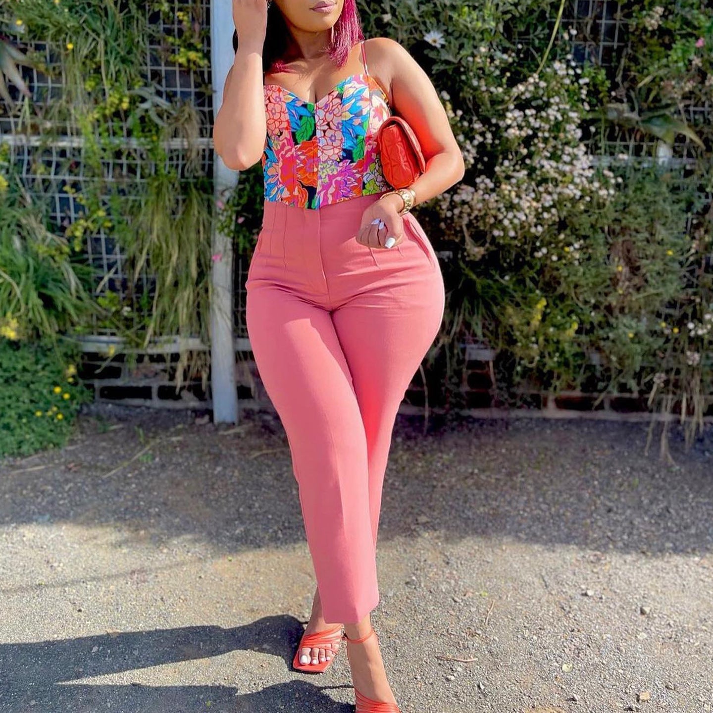 Women's High Waist Tight Fitting Nine Points Career Solid Color Casual Pants 16