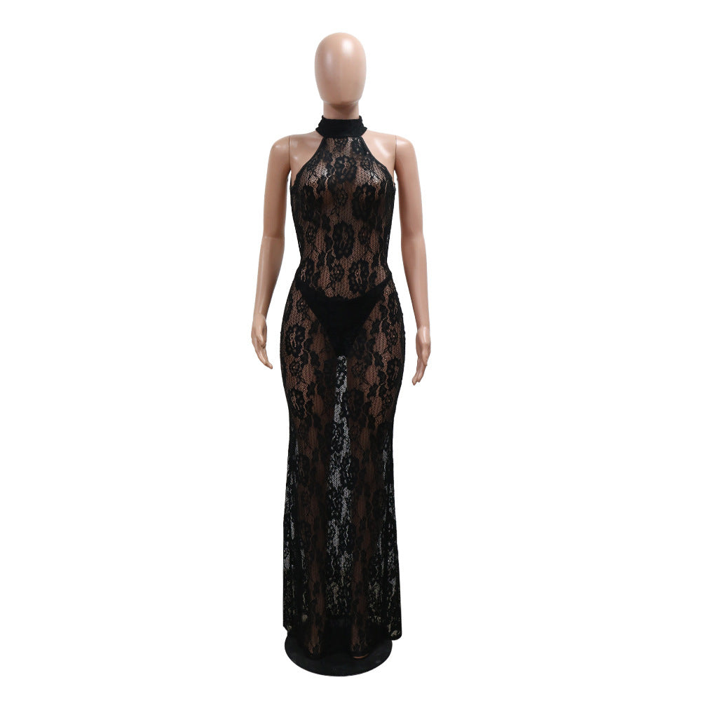 Sexy Fashion Halter Neck See Through Lace Low Back Slim Nightclub Long Dress 6