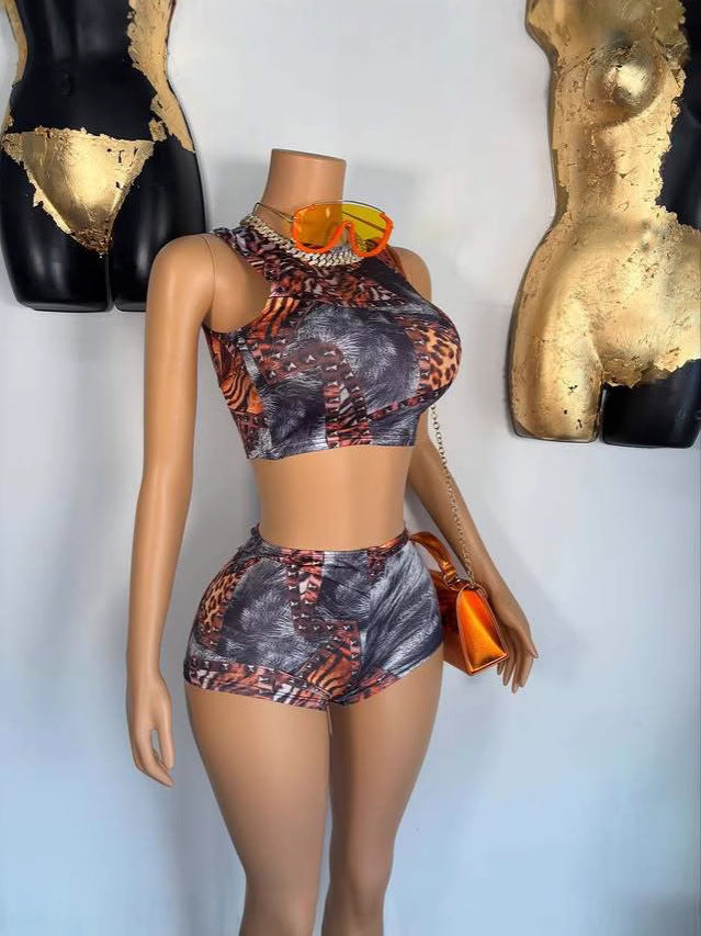 Women Sexy Print Sleeveless Top and Shorts Two-piece Set 4