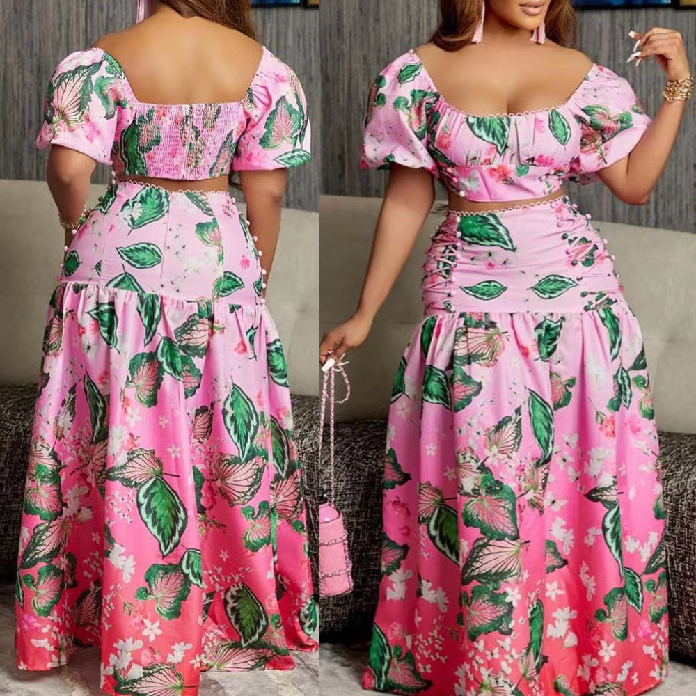 Women Casual Leaf Ombre Print Top and Skirt Two-Piece Set
