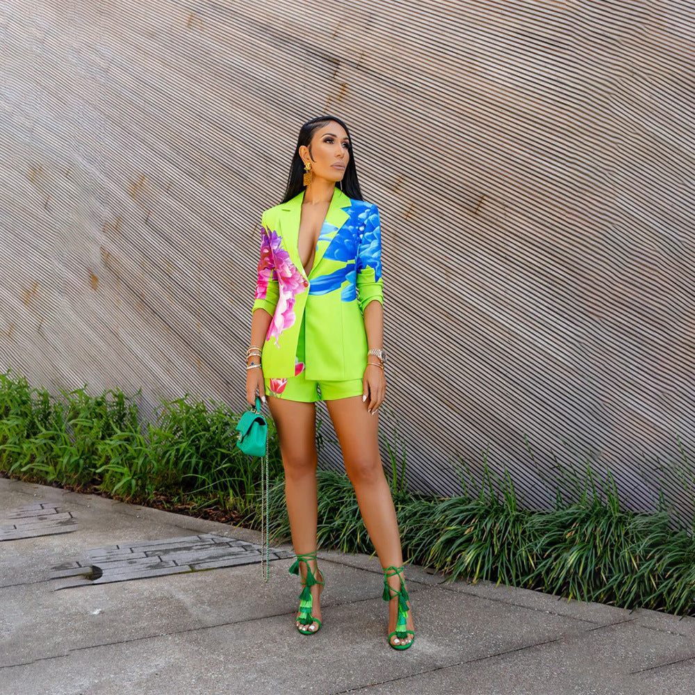 Women's Fashion Casual Collar Printed Blazer Shorts Two Piece Suit 16