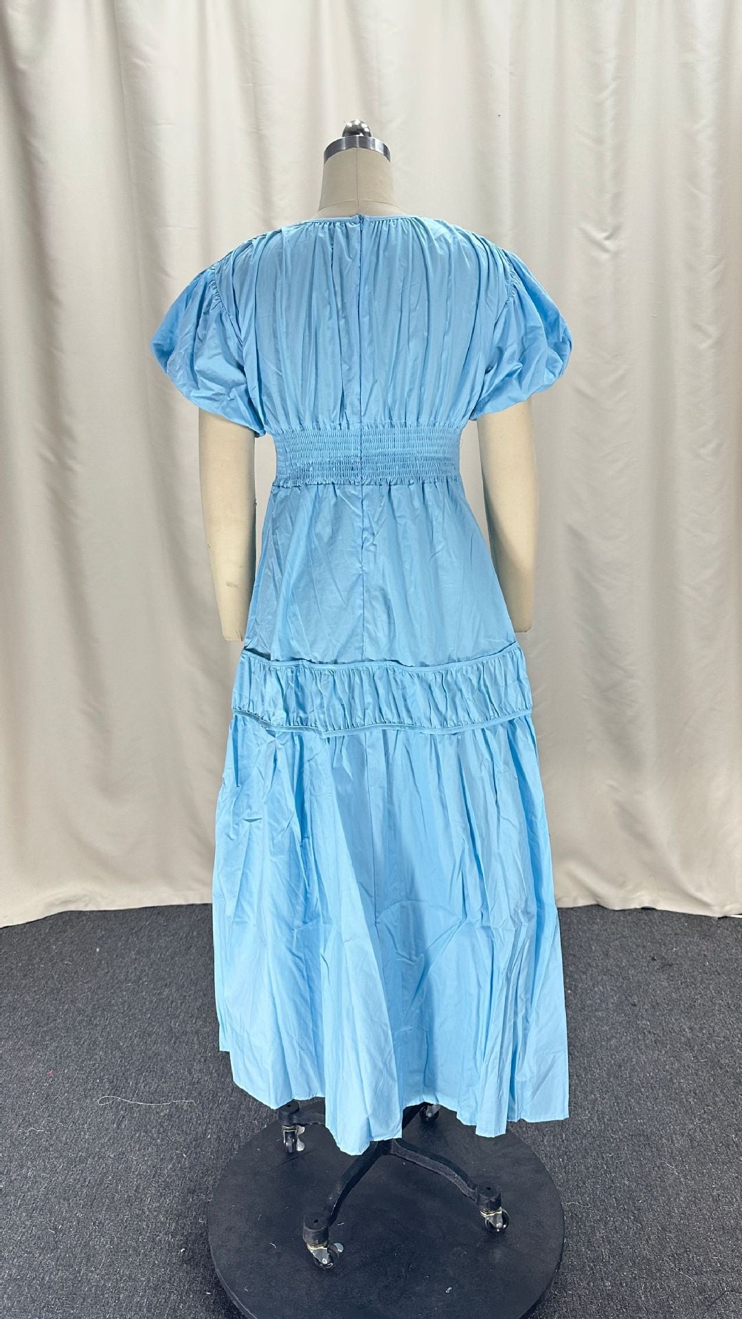 Women Spring V-Neck Zipper Puff Sleeve Hollow Maxi Dress 10