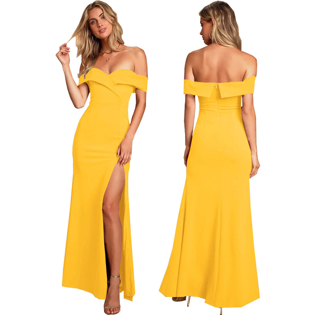 Women'S Sexy Fashion Solid Color Off Shoulder Slit Evening Dress 4
