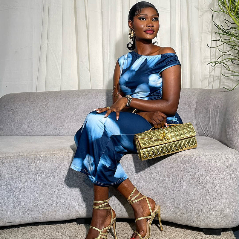 Women Printed Pleated Bodycon Slash Shoulder Asymmetric Dress 4