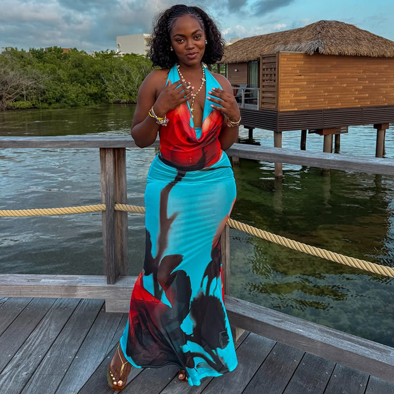 Fashion Printed Casual Ruched Halter Neck Draped Low-Back Long Dress