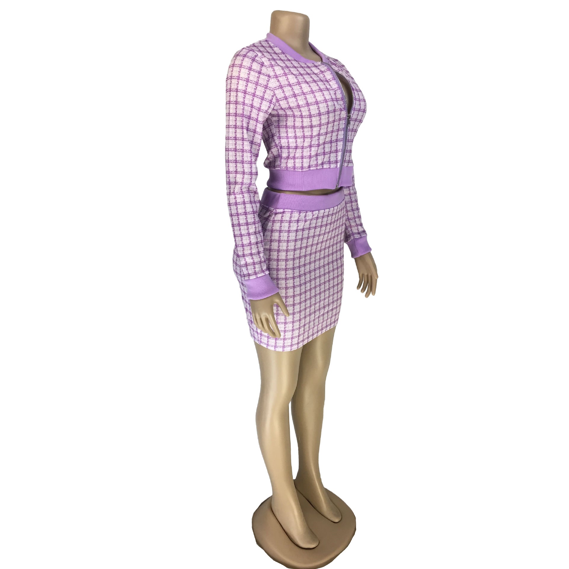 Women Plaid Ribbed Long Sleeve Top and Skirt Two-piece Set 31