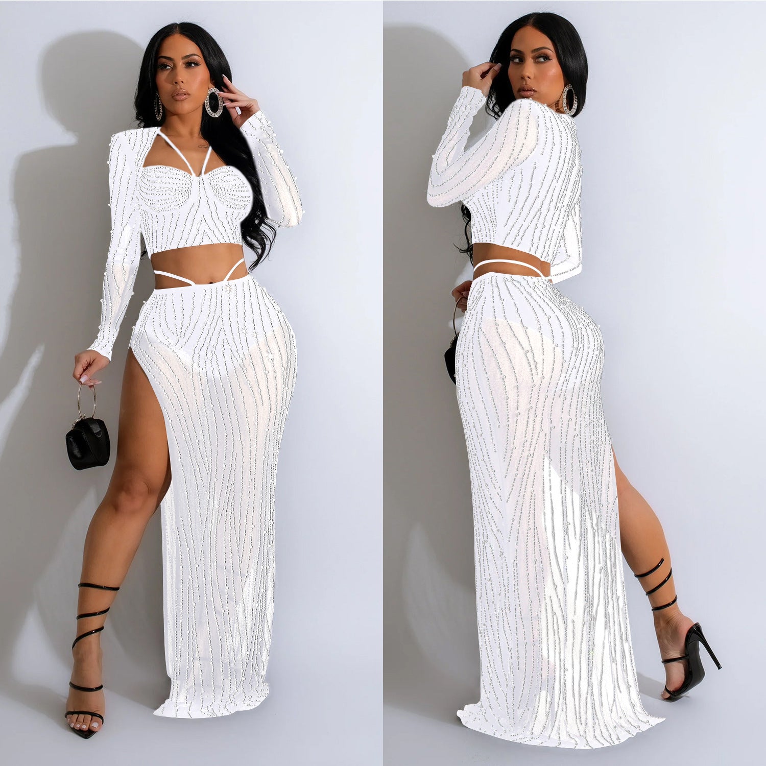 Fashion Women's Solid Color Mesh Beaded Long Sleeve Top Long Skirt Two Piece Set 6