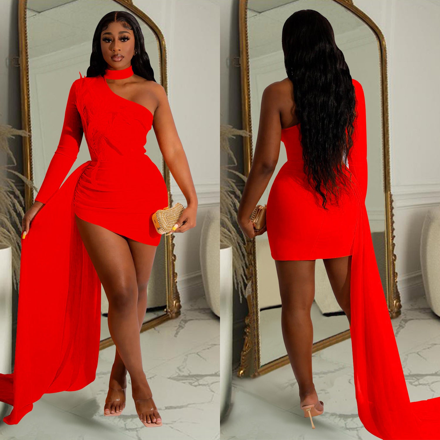 Women Feather One Shoulder Slash Shoulder Dress