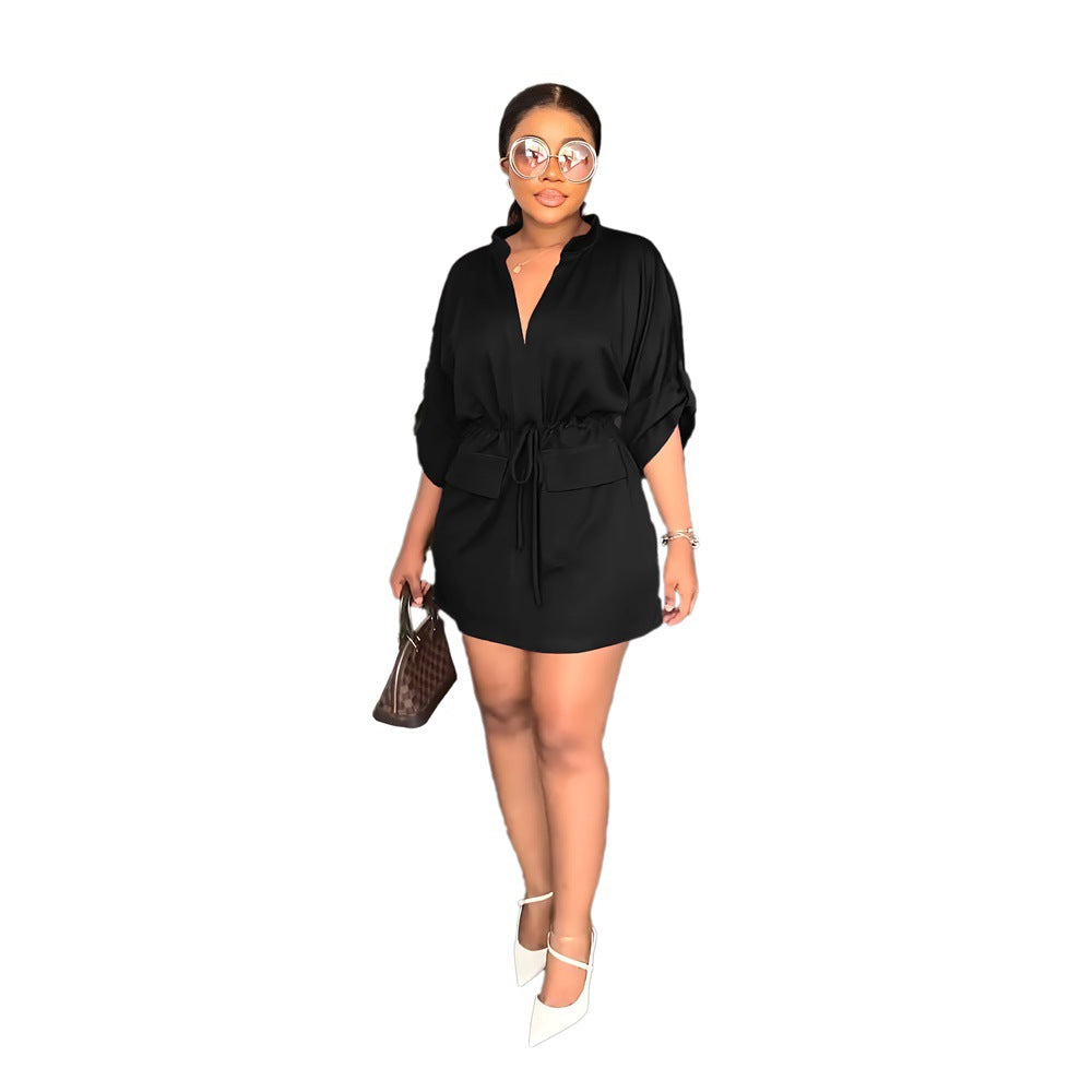 V-neck loose waist tooling skirt summer casual women's dress