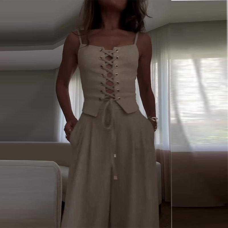 Summer Sexy Hollow Lace-Up Top Wide-Leg Pants Casual Two Piece Set 10