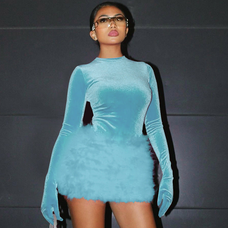 Women's Autumn Fashion Round Neck Long Sleeve Bodysuit Slim Fit Plush Skirt Two Piece Set 3