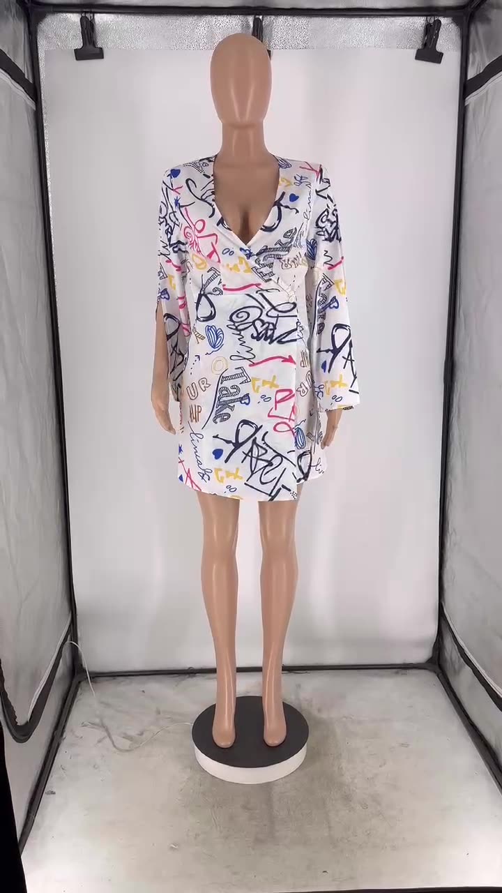 Women's Printed V-Neck Long Sleeve Dress 8