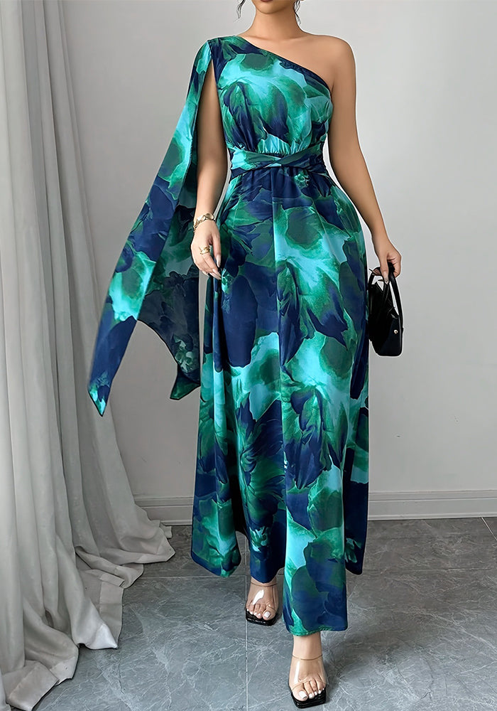 Summer Womenƒ??s Fashion Gradient Print Asymmetric Neck Long Dress