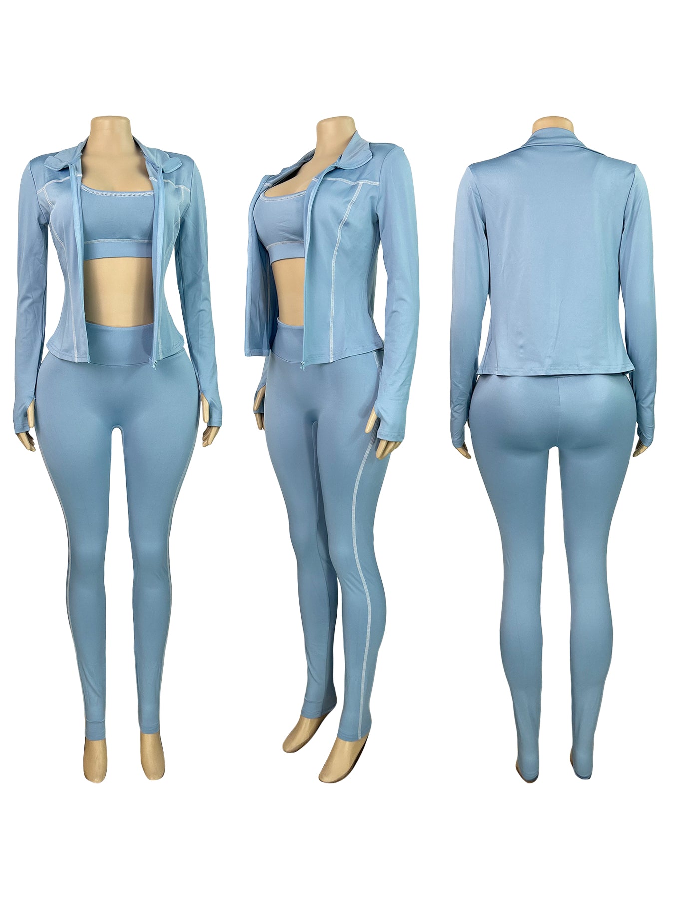 Women Zippered Thumb-Sleeve Long-Sleeved Top and Pants Three-Piece Set 24