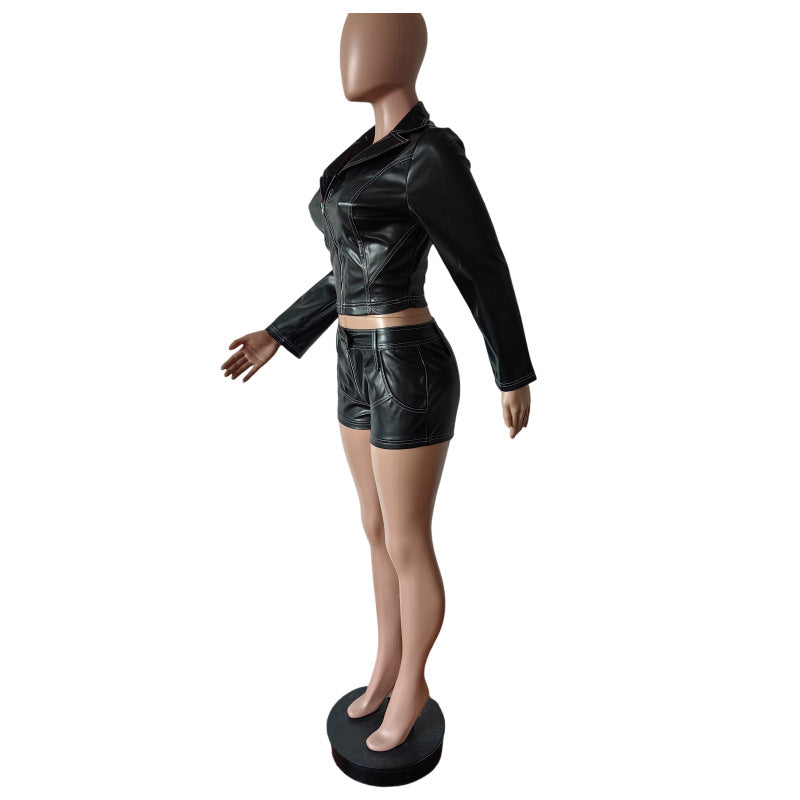 Long Sleeve Pu Leather Zipper Top Shorts Casual Two Piece Set 5