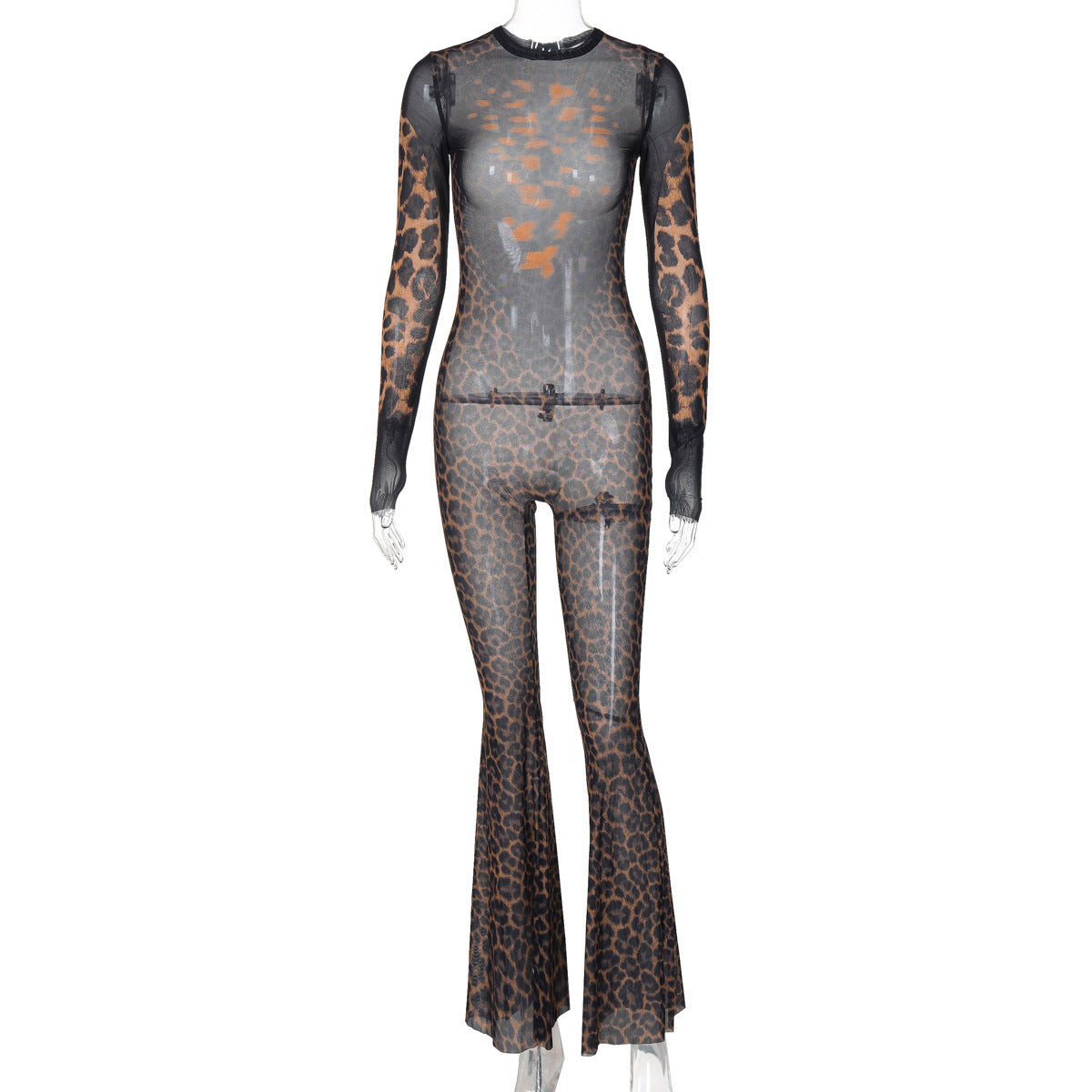 Women Mesh See-Through Sexy Jumpsuit Winter Long Sleeve Print Bell Bottom Pants 8