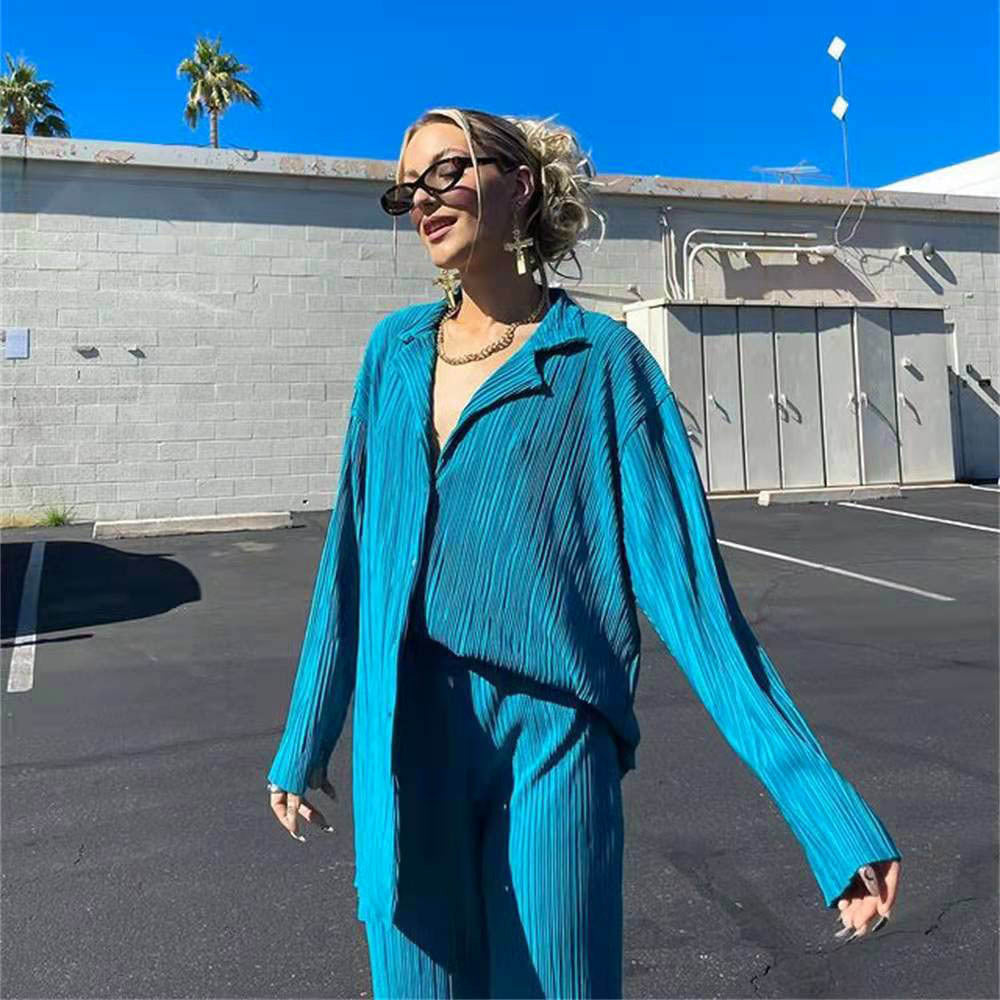 Spring/Summer Solid Color Drape Loose Silky Pleated Casual Two-piece Set 15