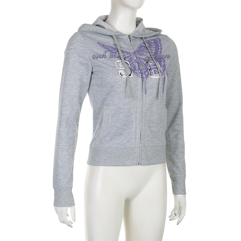 Women's Butterfly Print Zipper Patchwork Basic Hoodies Early Autumn Outdoor Wear Casual Simple Jacket 9