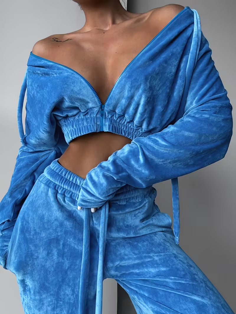 Women Sporty Casual Hooded Zipper Top and Pant Two-Piece Set 6