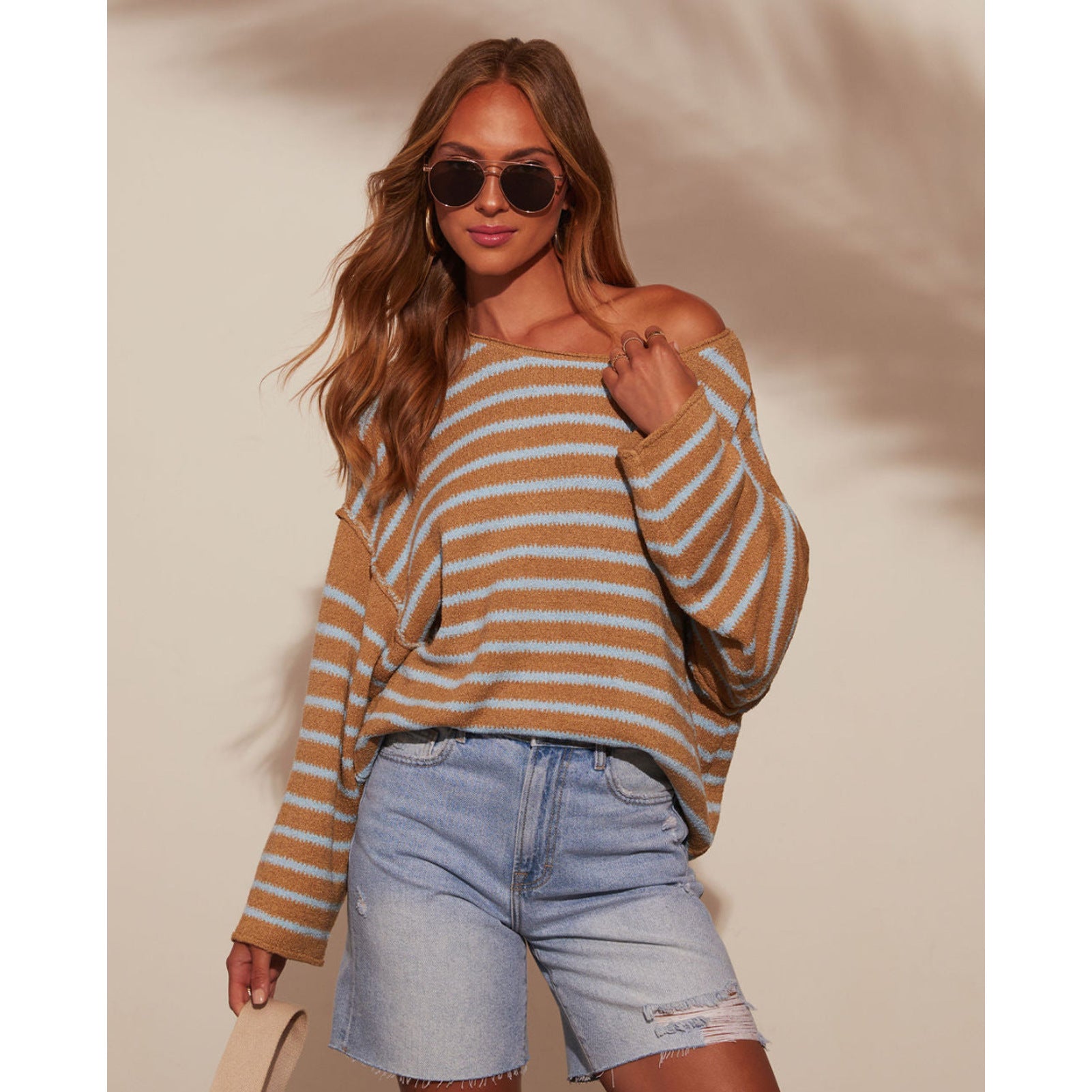 Women Striped Knitting Loose Bat Long Sleeve Sweater 3