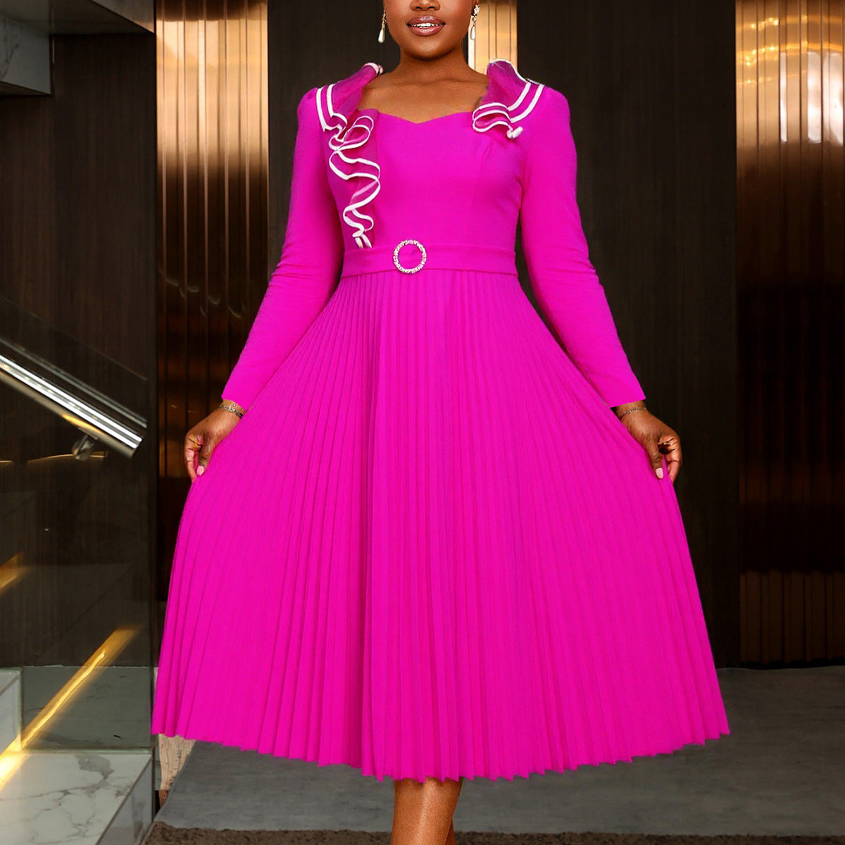 Plus-Size Women Elegant Rose Long-Sleeved Ruffled V-Neck Formal Party Pleated Dress 4