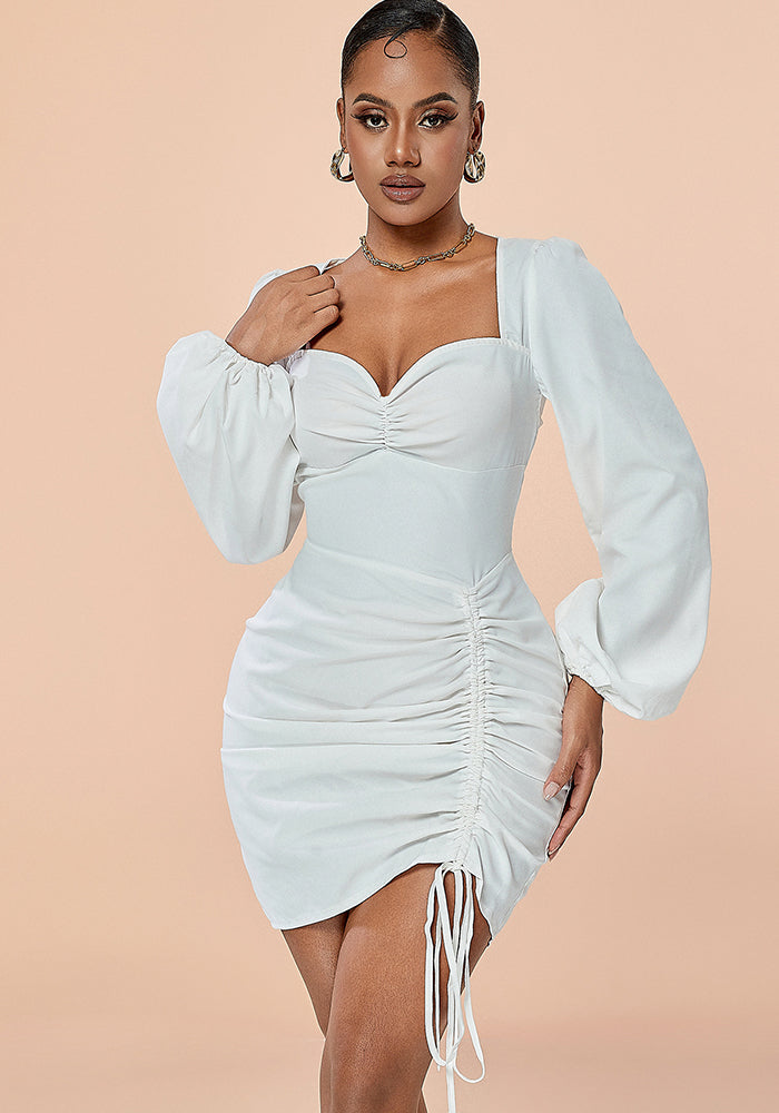 Women long-sleeved Soid drawstring pleated Bodycon Dress