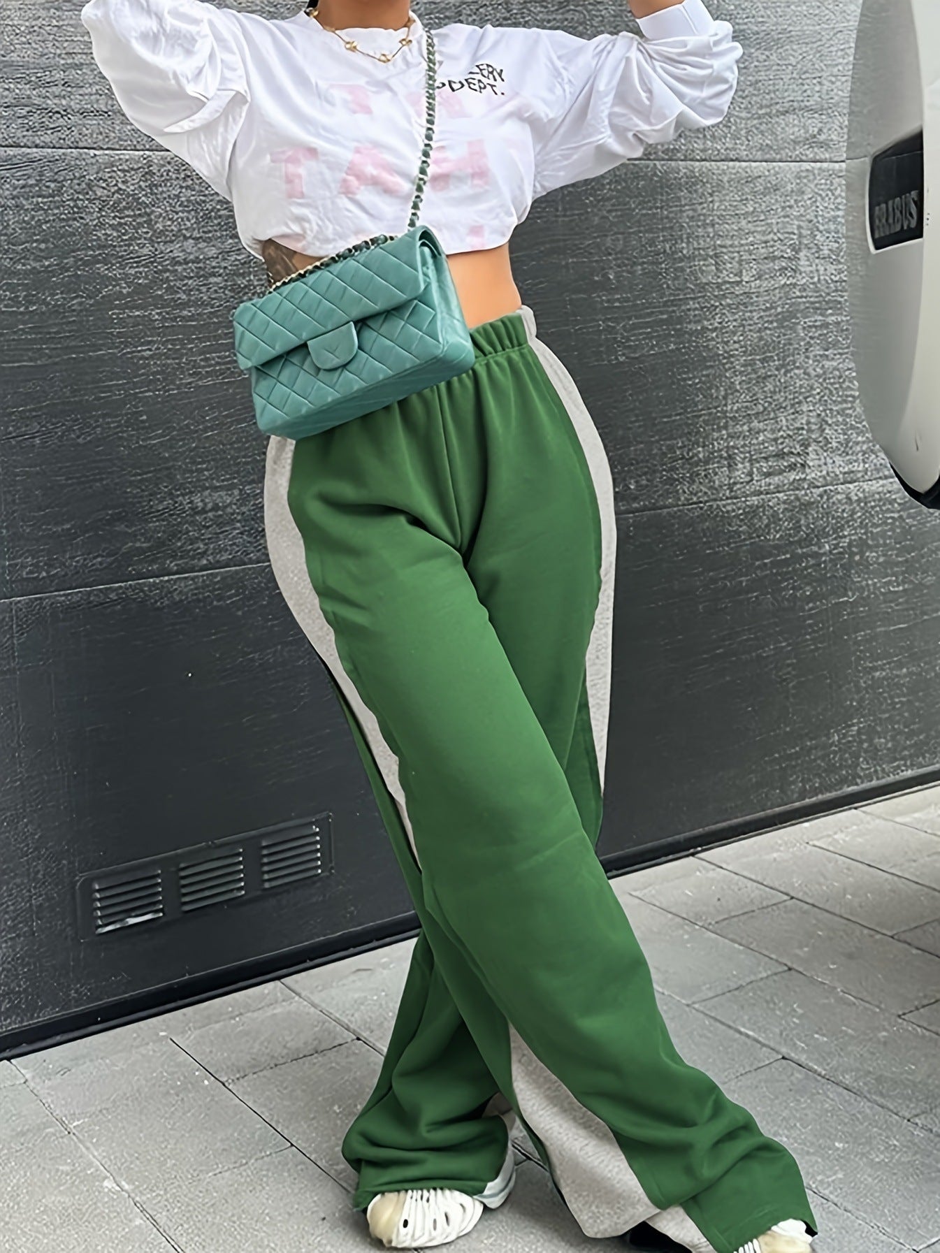 Women Autumn Casual Contrast Patchwork Wide-Leg Pants 6