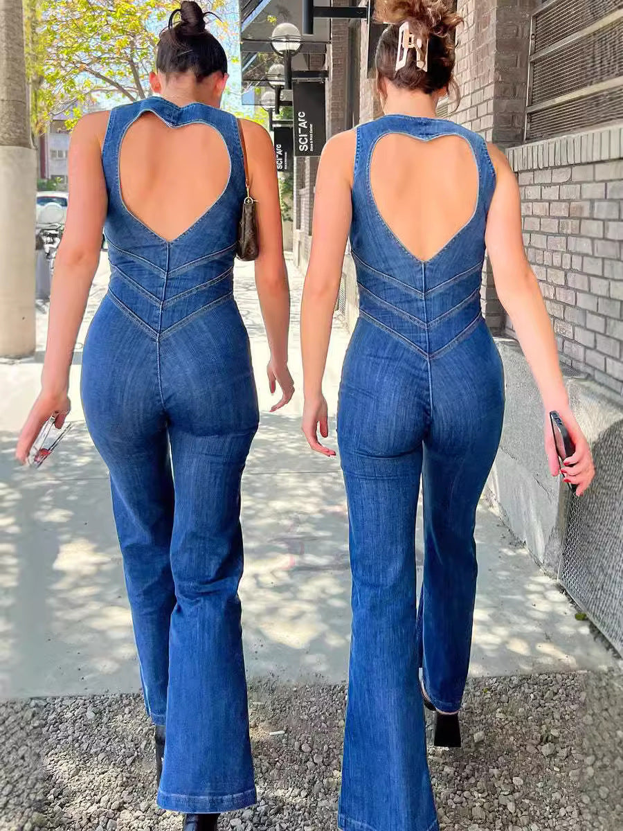Women's Summer Slim Sleeveless Fashion Street High Waist Denim Jumpsuit
