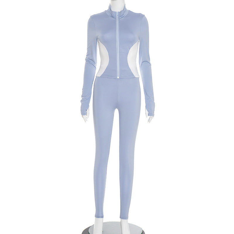 Women Fall Workout Colorblock Sport Jacket Two-Piece Set 7