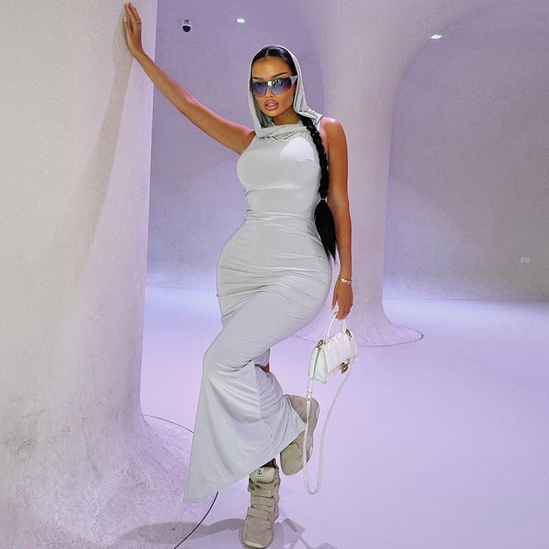 Summer Ladies Solid Color Hooded Sleeveless Bodycon Slit Dress Women 5