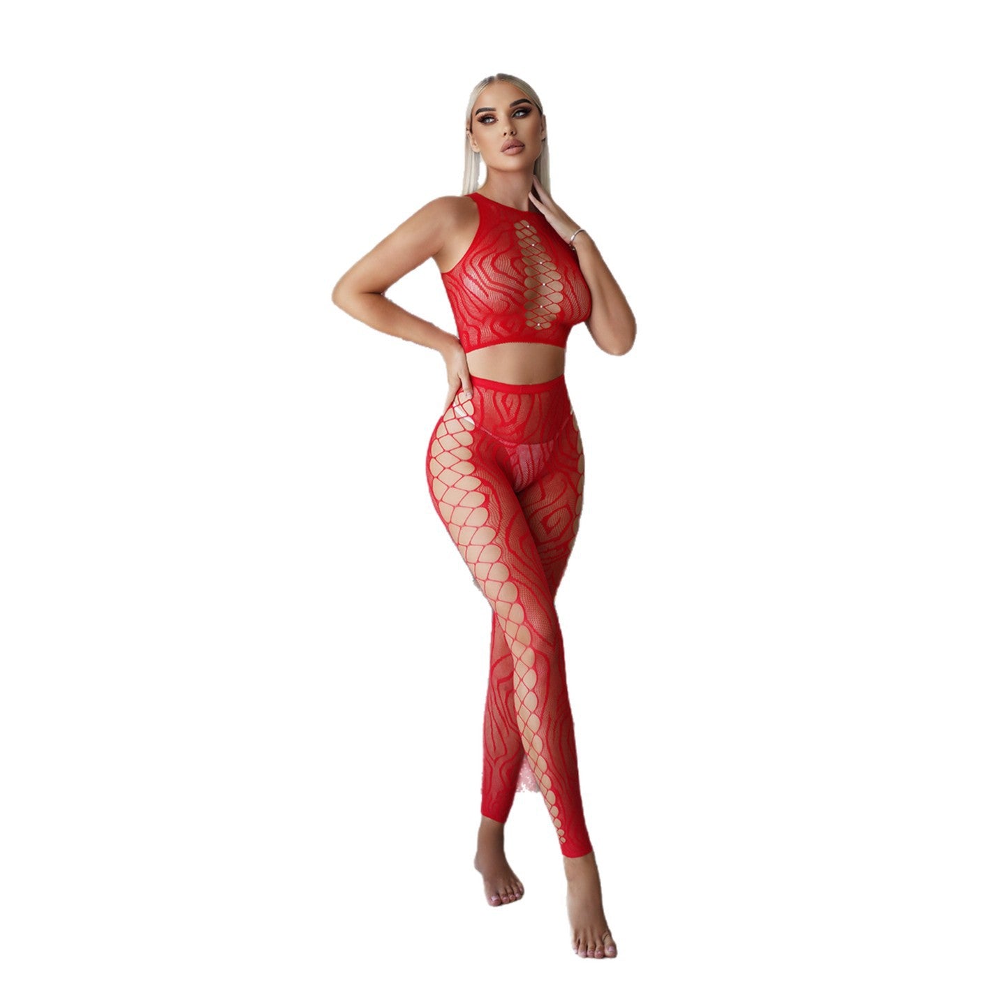 Women's Red Hollow Pearl sexy Christmas Lingerie Set Seductive Lace Pantyhose Outfit 6