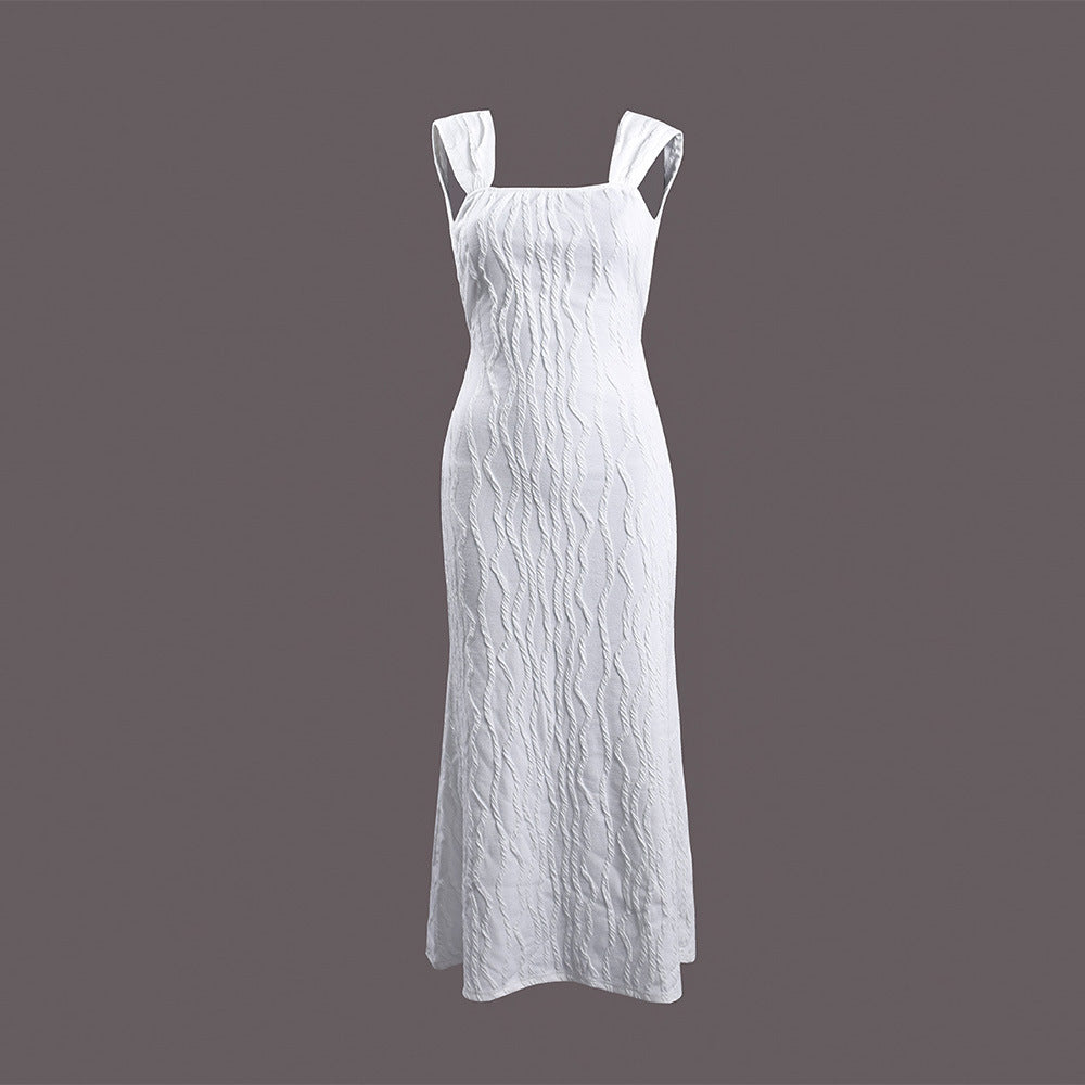 Striped Sexy Square Neck Strappy Low Back Long Dress 7