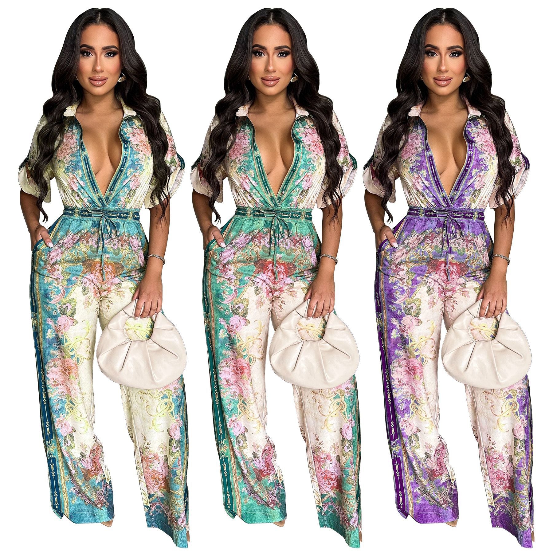 Women's Sexy V-Neck Retro Print Short Sleeve Jumpsuit 10