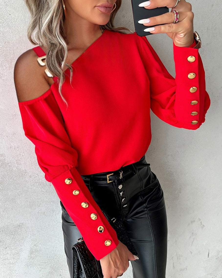 Women Solid Metal Button Slash Shoulder Button Top 9