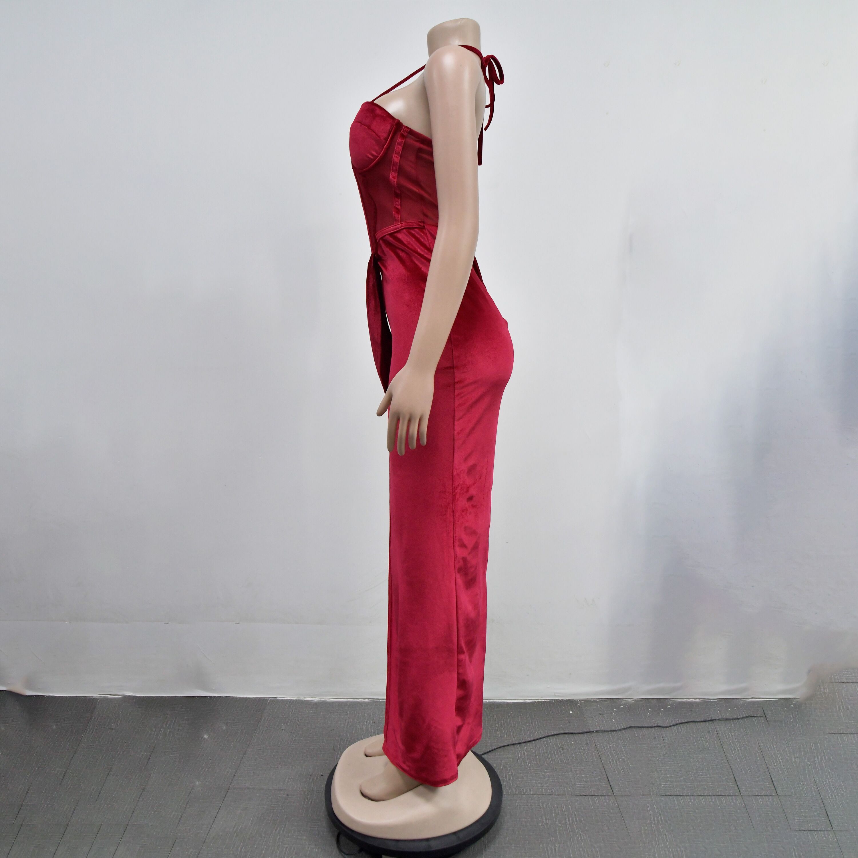 Fashion Women's Solid Color Mesh Straps Slit Long Dress 25