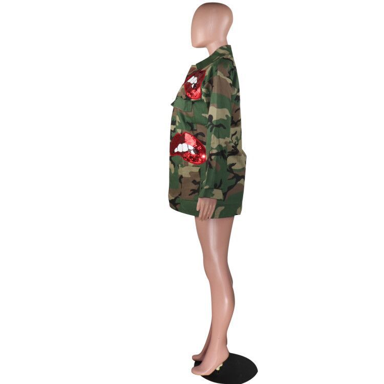 Women's Fashion Pocket Stand Collar Camouflage Sequin Lips Camouflage Jacket Top 11