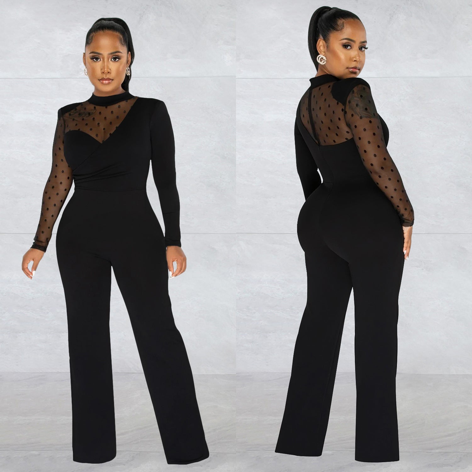 Women mesh See-Through Polka Dot Long Sleeve Jumpsuit 5