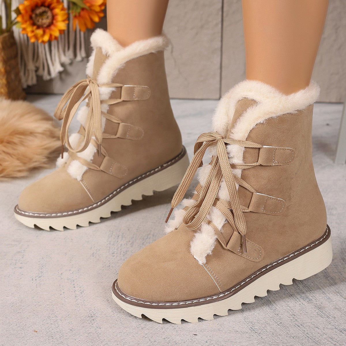 Plus Size Boots Women Winter Outdoor Wear Lace-Up Thick Sole Fleece Boots 8