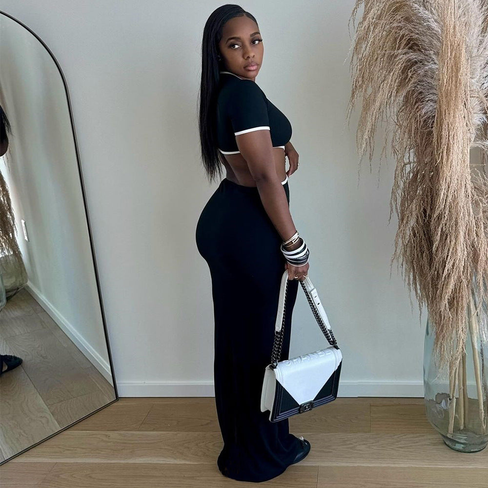 Women Summer Contrast Color Cut Out Round Neck Dress 5