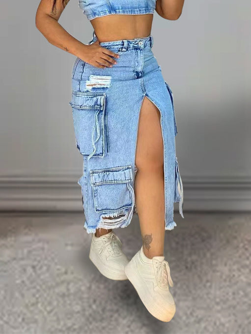 women's slit Ripped pocket Cargo Denim skirt 3
