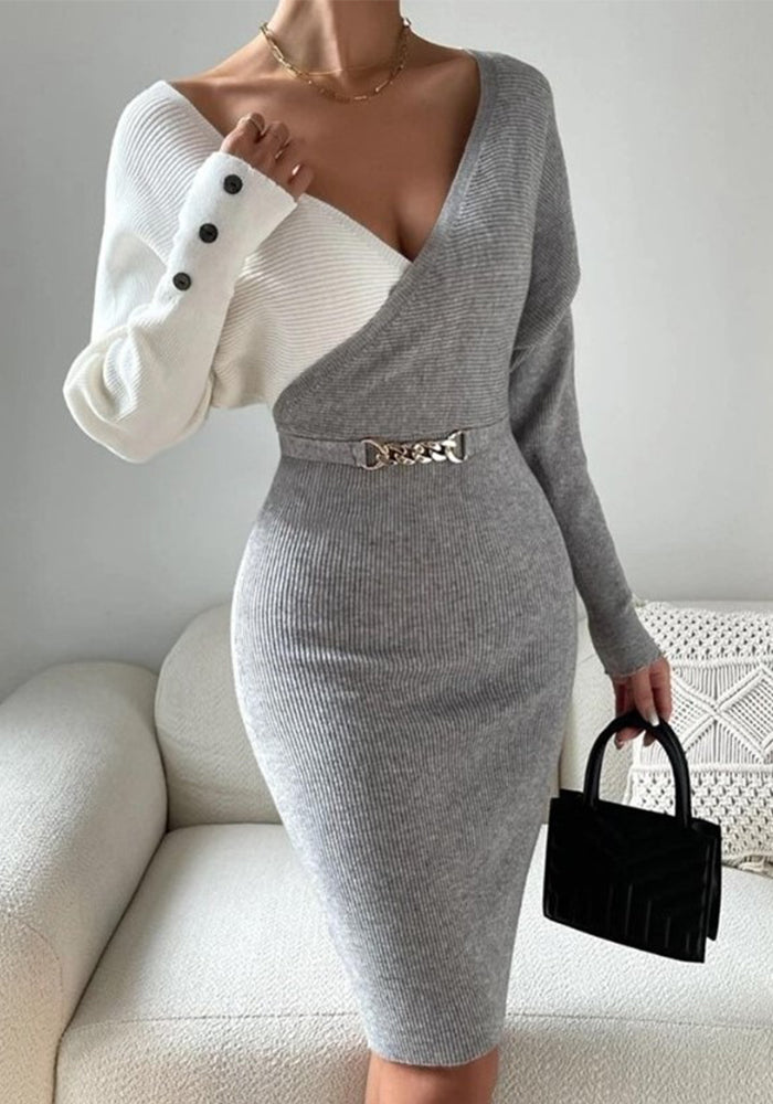 Women Autumn and Winter V-Neck Contrast Color Sexy Bodycon Knitting Dress