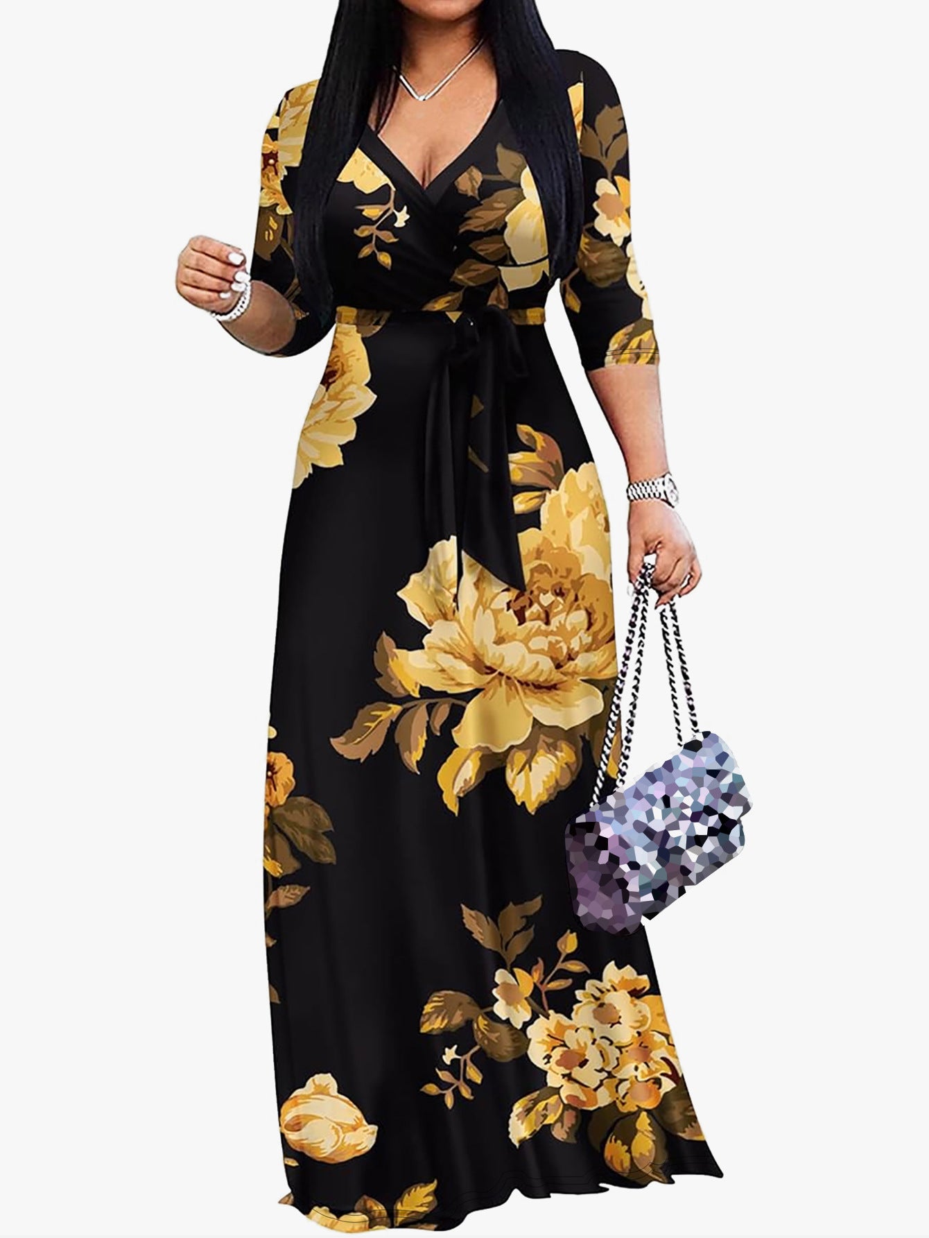 Spring & Autumn Women's Fashion Elegant Wrap V-Neck Half-Sleeve Print Belt Maxi Dress 36
