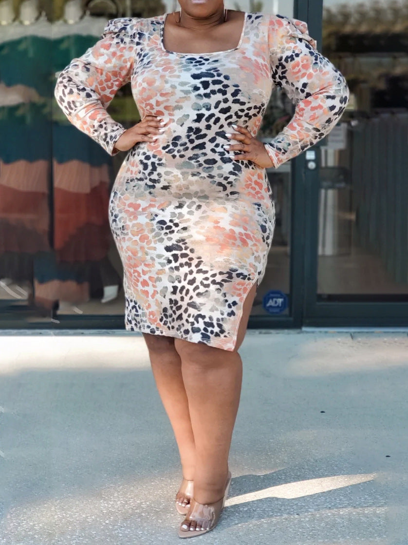 Plus Size Women Sexy Slit Square Neck Long Sleeve Dress 3